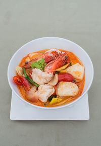 High angle view of seafood in bowl on table