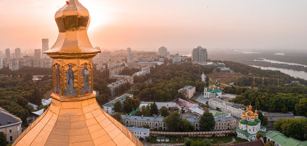 Magical aerial view of the kiev pechersk lavra near the motherland monument.