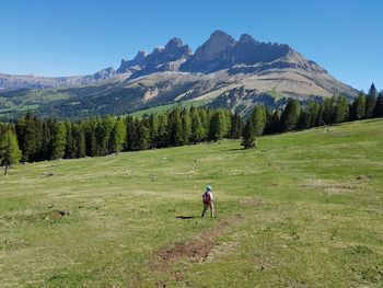 Rear view of man standing on field against mountains