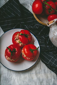 High angle view of strawberries in plate on table