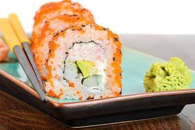 Close-up of sushi served in plate