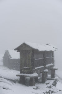 Snow covered houses on field against sky