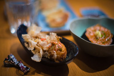 High angle view of food served on table