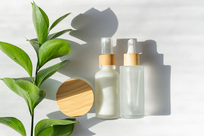 Moisturizer cream jar, serum in glass bottle and toner with green leaves on white background. 
