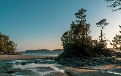 Scenic view of sea against clear sky at sunset