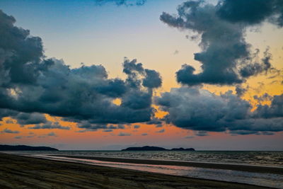 Scenic view of beach against sky during sunset