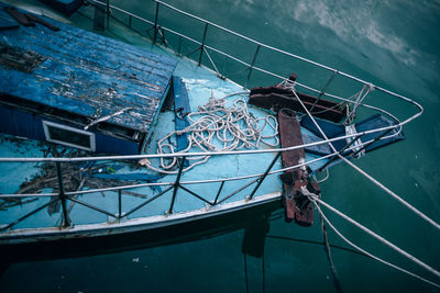 High angle view of fishing boat moored at sea