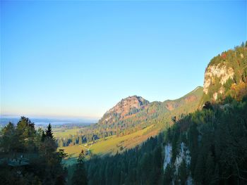 Scenic view of mountains against clear blue sky