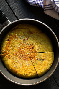 High angle view of soup in bowl on table