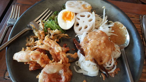 High angle view of breakfast served on table