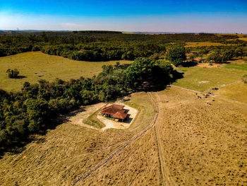 High angle view of agricultural field against sky