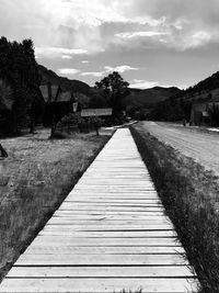 Empty footpath amidst trees against sky