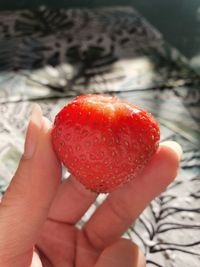 Close-up of hand holding strawberry