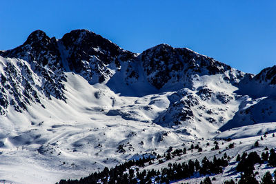 Scenic view of snowcapped mountains against clear blue sky