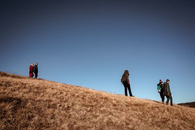 People walking on land against clear sky