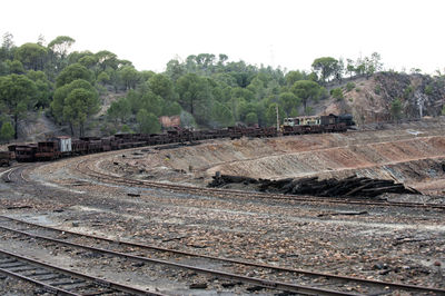 Railroad tracks amidst trees against clear sky