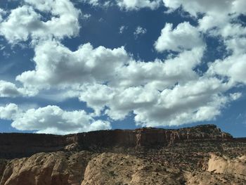 Low angle view of land against cloudy sky