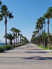 Road amidst trees against clear blue sky