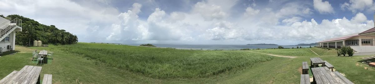 Panoramic view of landscape and houses against sky