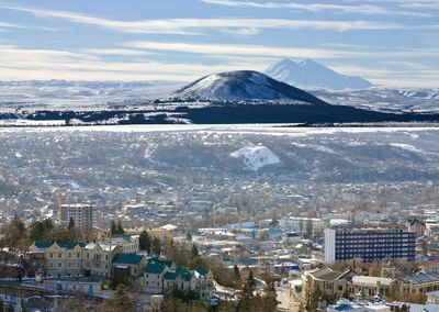 View on mountain elbrus and city pyatigorsk,northern caucasus,russia.