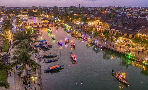 High angle view of illuminated buildings in city