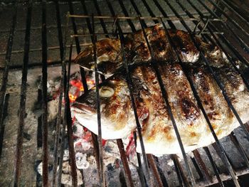 High angle view of fish on barbecue grill