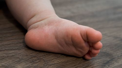 Low section of baby on wood