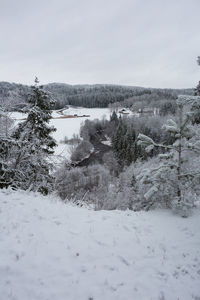 Scenic view of snow covered field against sky