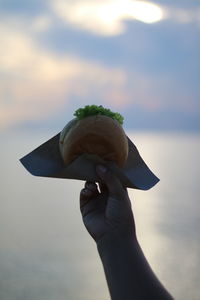 Close-up of hand holding umbrella against sky during sunset