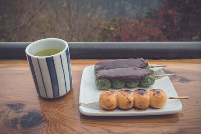 High angle view of breakfast served on table