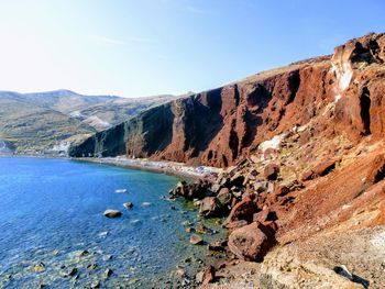Scenic view of rocky mountains against clear blue sky
