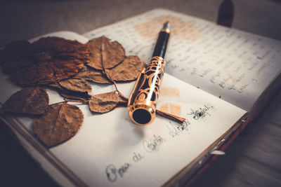 Close-up of open book with pen and leaves on table