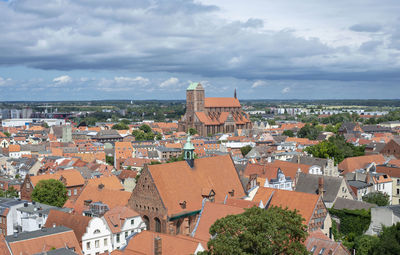 High angle view of townscape against sky