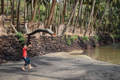 Boy standing by trees in forest