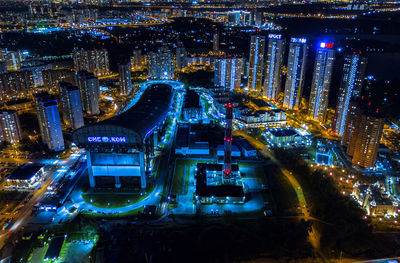 High angle view of illuminated buildings at night