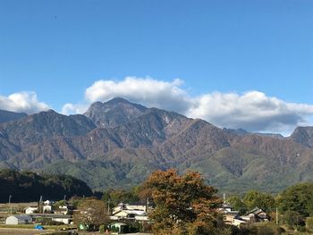 Scenic view of mountains and trees against sky