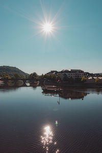 Scenic view of lake against bright sun