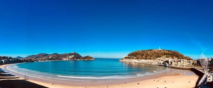 Panoramic view of bay against clear blue sky