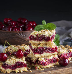 Close-up of dessert with cherries on table