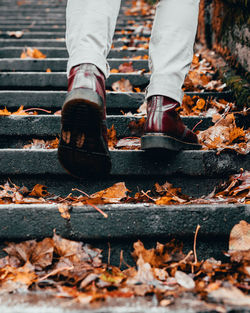 Low section of man with autumn leaves