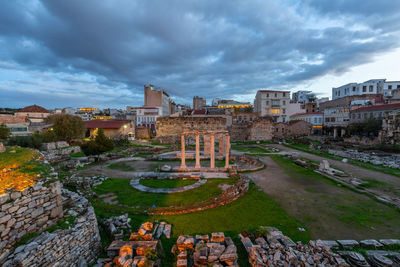 Remains of hadrian's library in the old town of athens, greece.