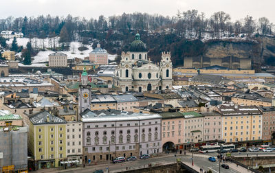 High angle view of buildings in town