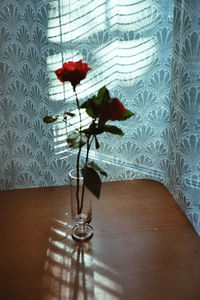 Close-up of red rose on table