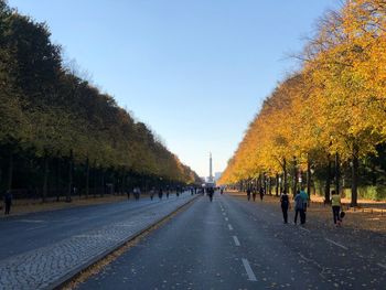 People on street amidst autumn trees against clear sky