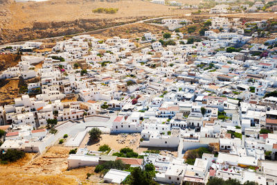 High angle view of houses in town