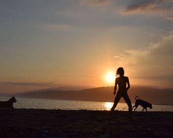 Silhouette people on beach against sky during sunset