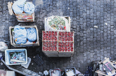 High angle view of garbage in street