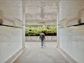 Rear view of man holding camera while walking outdoors