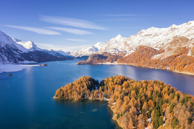 Scenic view of lake and snowcapped mountains against sky