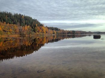 Scenic view of lake against cloudy sky